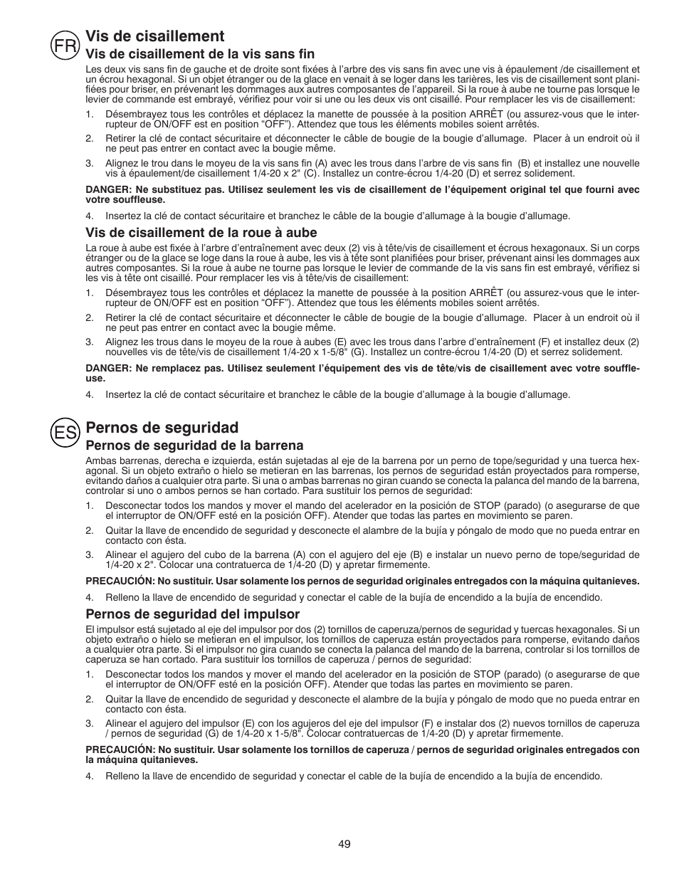 Vis de cisaillement, Pernos de seguridad | Husqvarna ST 268EP User Manual | Page 49 / 68