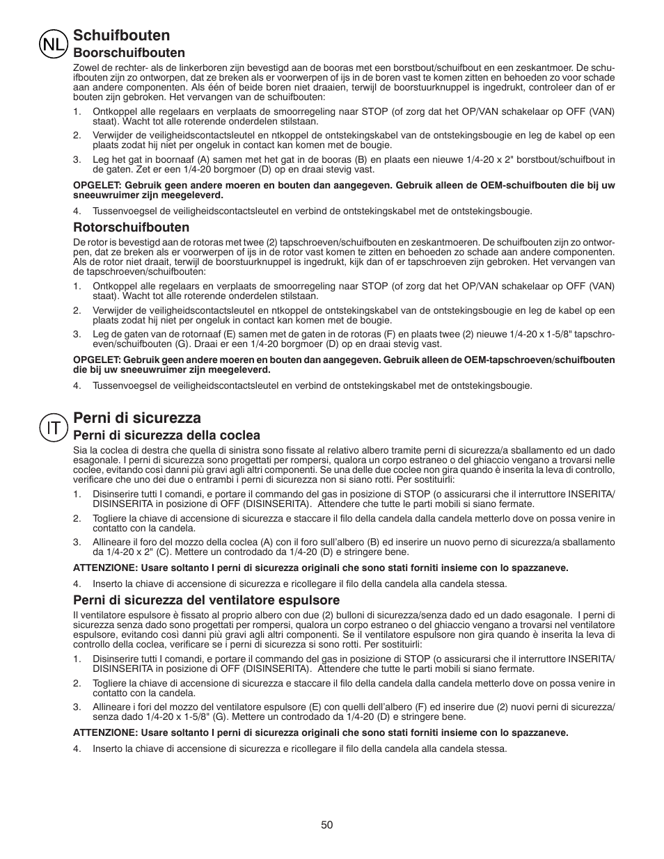 Schuifbouten, Perni di sicurezza | Husqvarna ST 268EP User Manual | Page 50 / 68