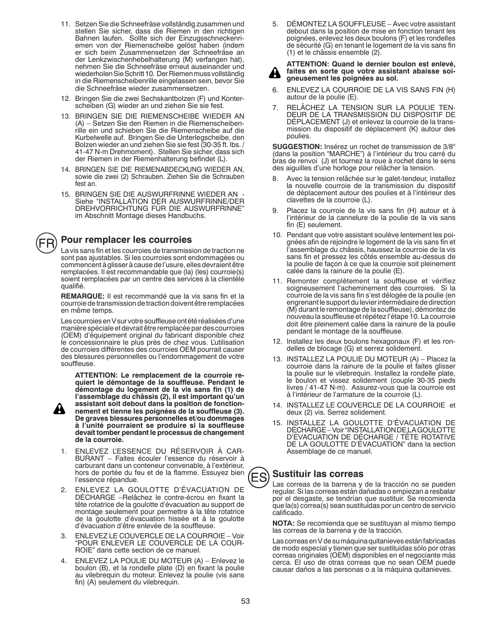 Pour remplacer les courroies, Sustituir las correas | Husqvarna ST 268EP User Manual | Page 53 / 68