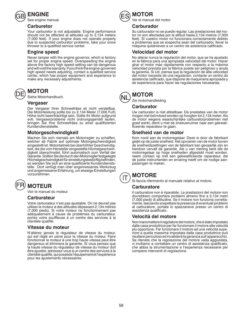 Engine, Motor, Moteur | Motore | Husqvarna ST 268EP User Manual | Page 58 / 68