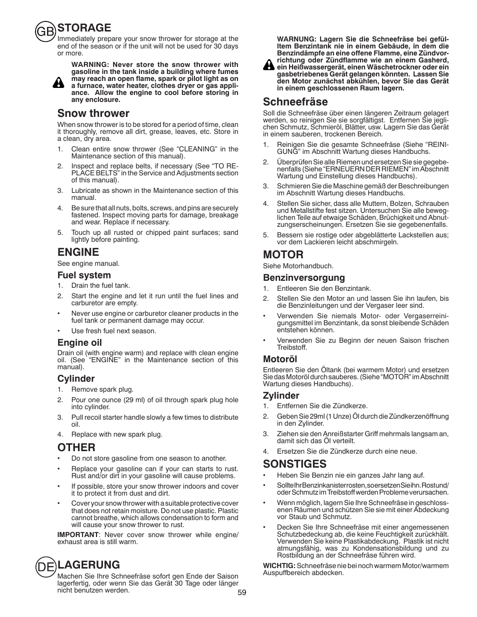 Storage, Snow thrower, Engine | Other, Lagerung, Schneefräse, Motor, Sonstiges | Husqvarna ST 268EP User Manual | Page 59 / 68