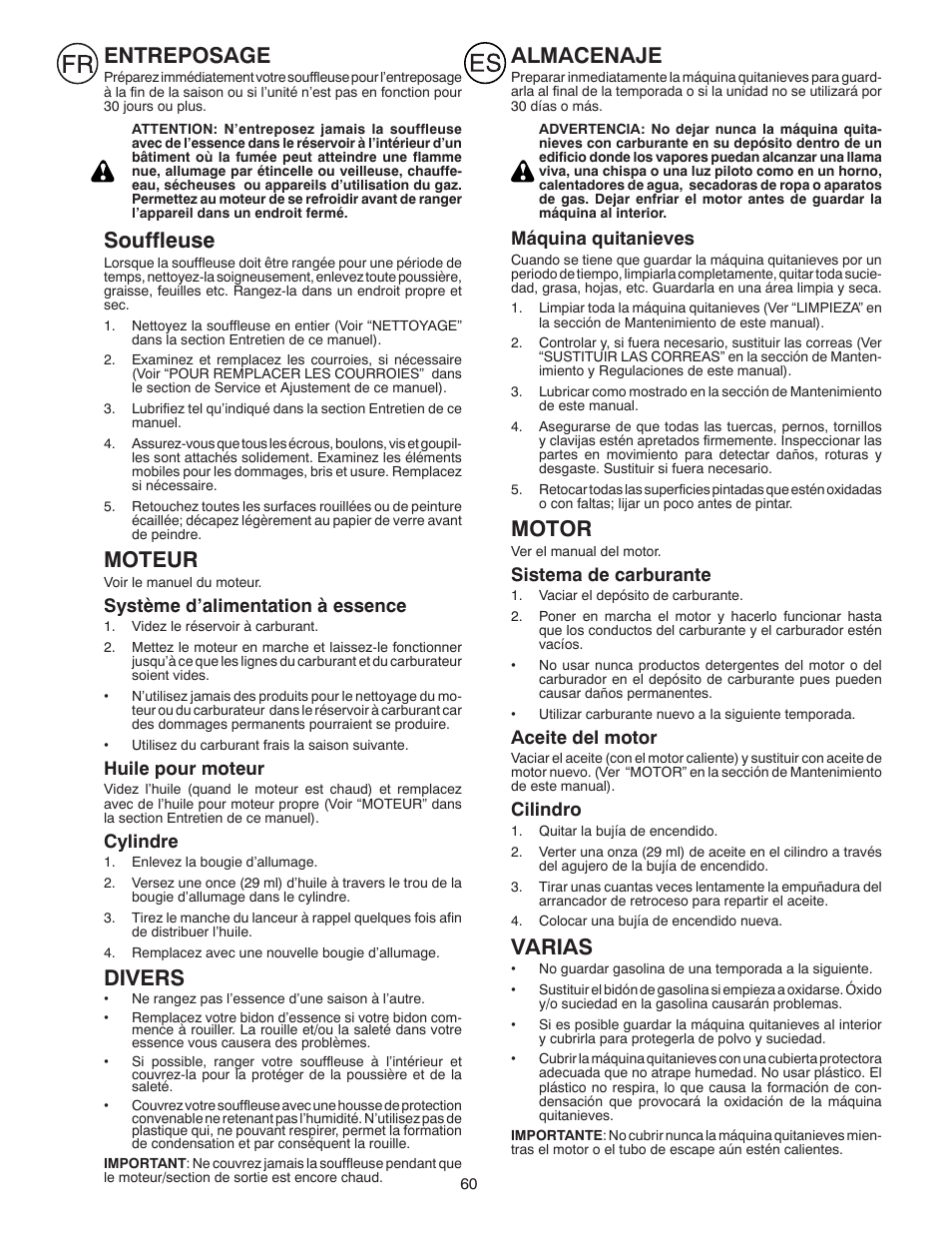 Entreposage, Souffleuse, Moteur | Divers, Almacenaje, Motor, Varias | Husqvarna ST 268EP User Manual | Page 60 / 68