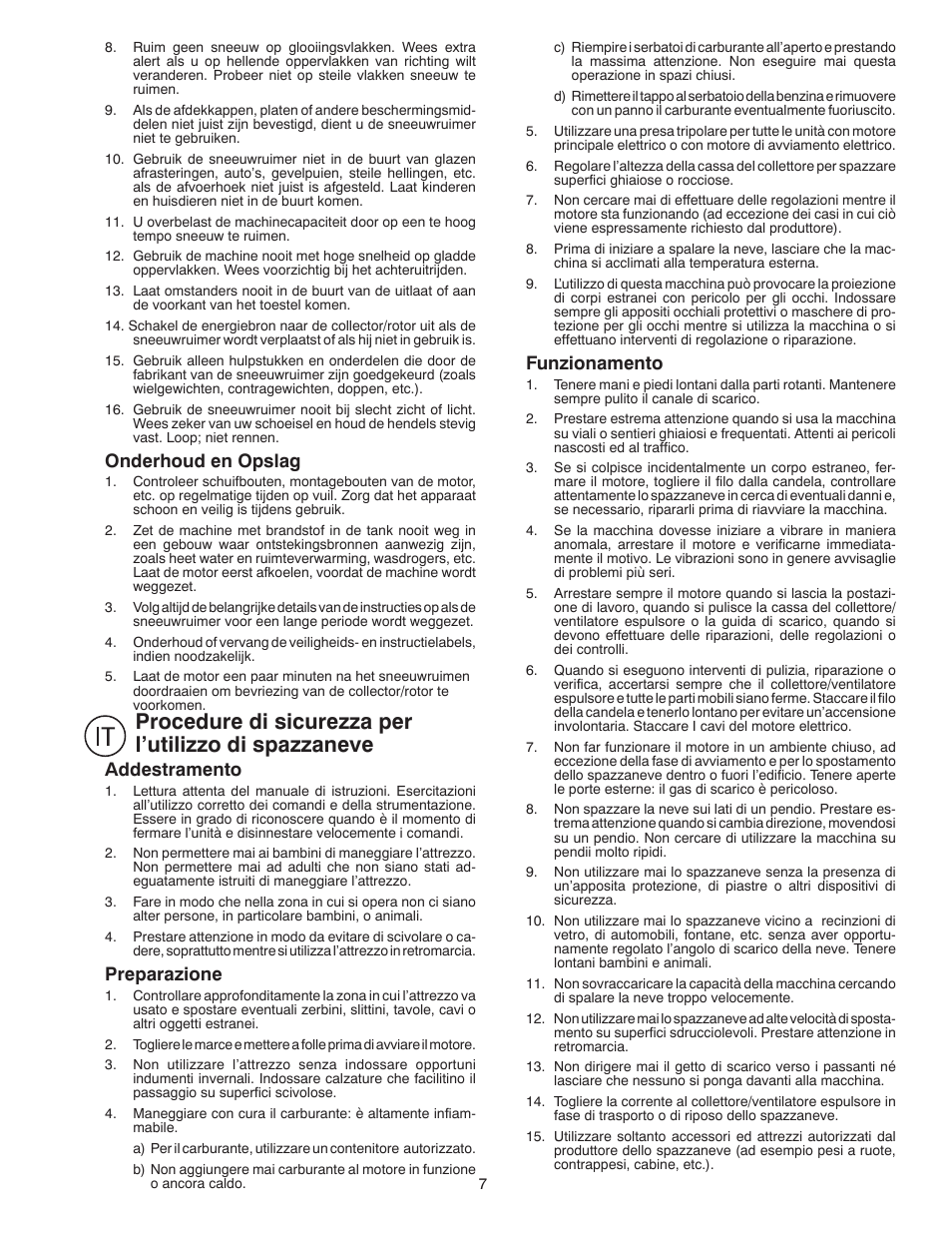 Onderhoud en opslag, Addestramento, Preparazione | Funzionamento | Husqvarna ST 268EP User Manual | Page 7 / 68