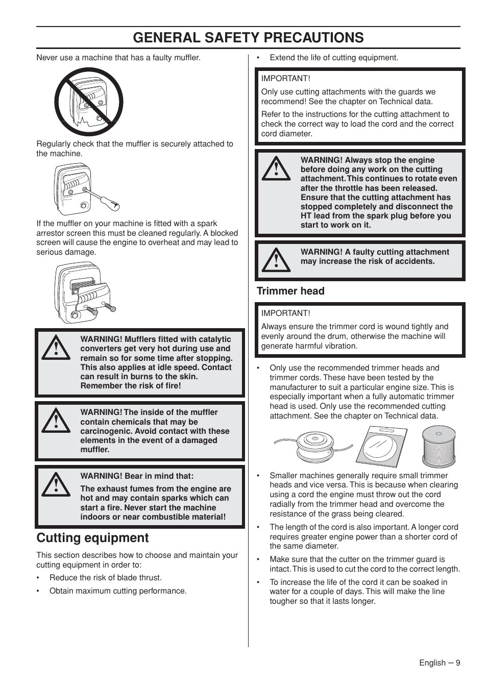 Cutting equipment, Trimmer head, General safety precautions | Husqvarna 327LDX User Manual | Page 9 / 36