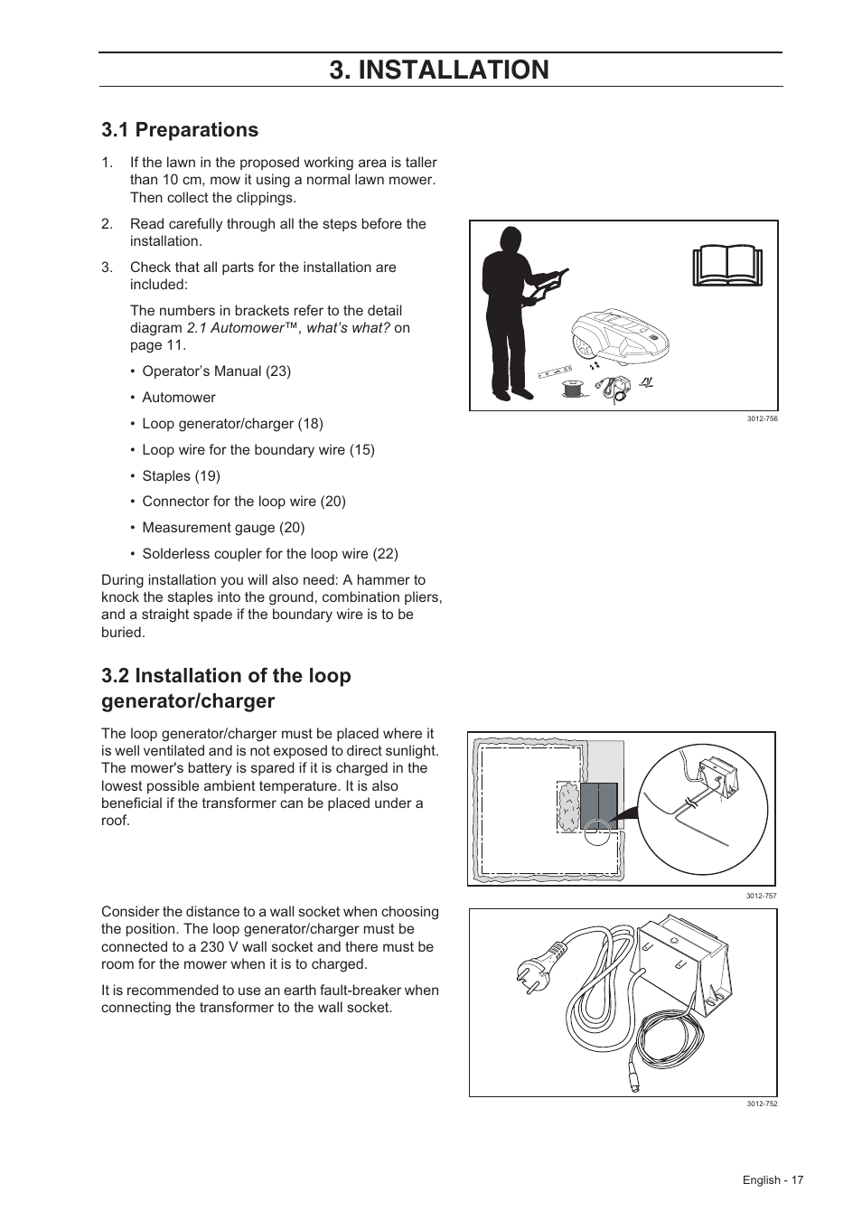 Installation, 1 preparations, 2 installation of the loop generator/charger | Husqvarna 210 C User Manual | Page 16 / 48