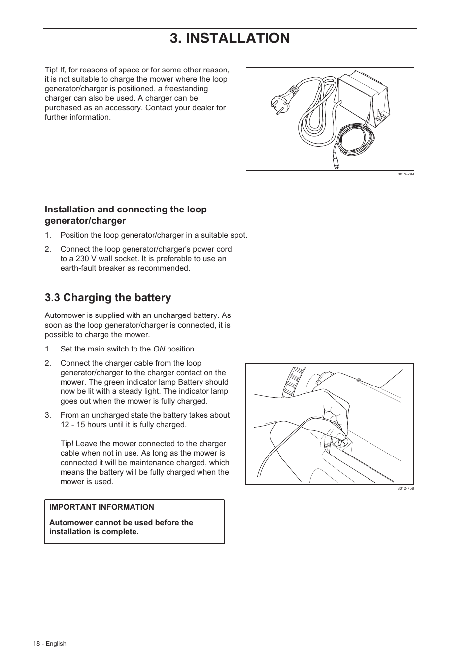 Installation, 3 charging the battery | Husqvarna 210 C User Manual | Page 17 / 48