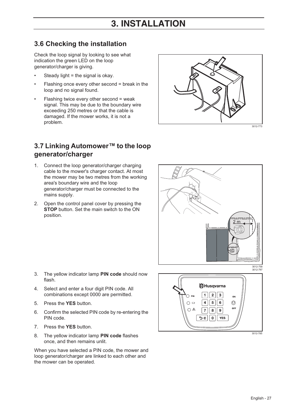 Installation, 6 checking the installation, 7 linking automower™ to the loop generator/charger | Husqvarna 210 C User Manual | Page 26 / 48