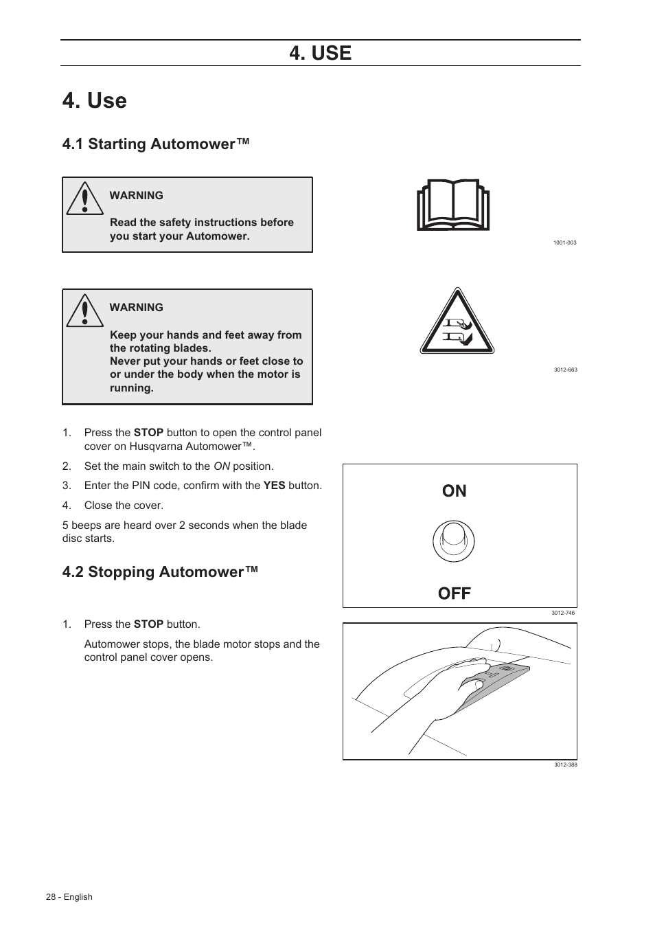 1 starting automower, 2 stopping automower | Husqvarna 210 C User Manual | Page 27 / 48