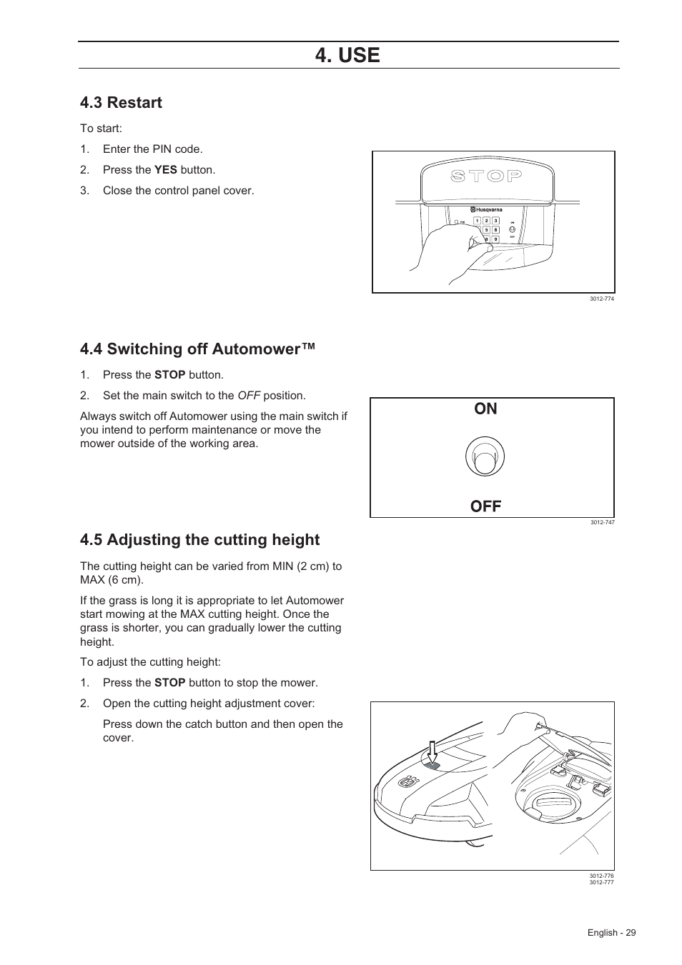 3 restart, 4 switching off automower, 5 adjusting the cutting height | Husqvarna 210 C User Manual | Page 28 / 48