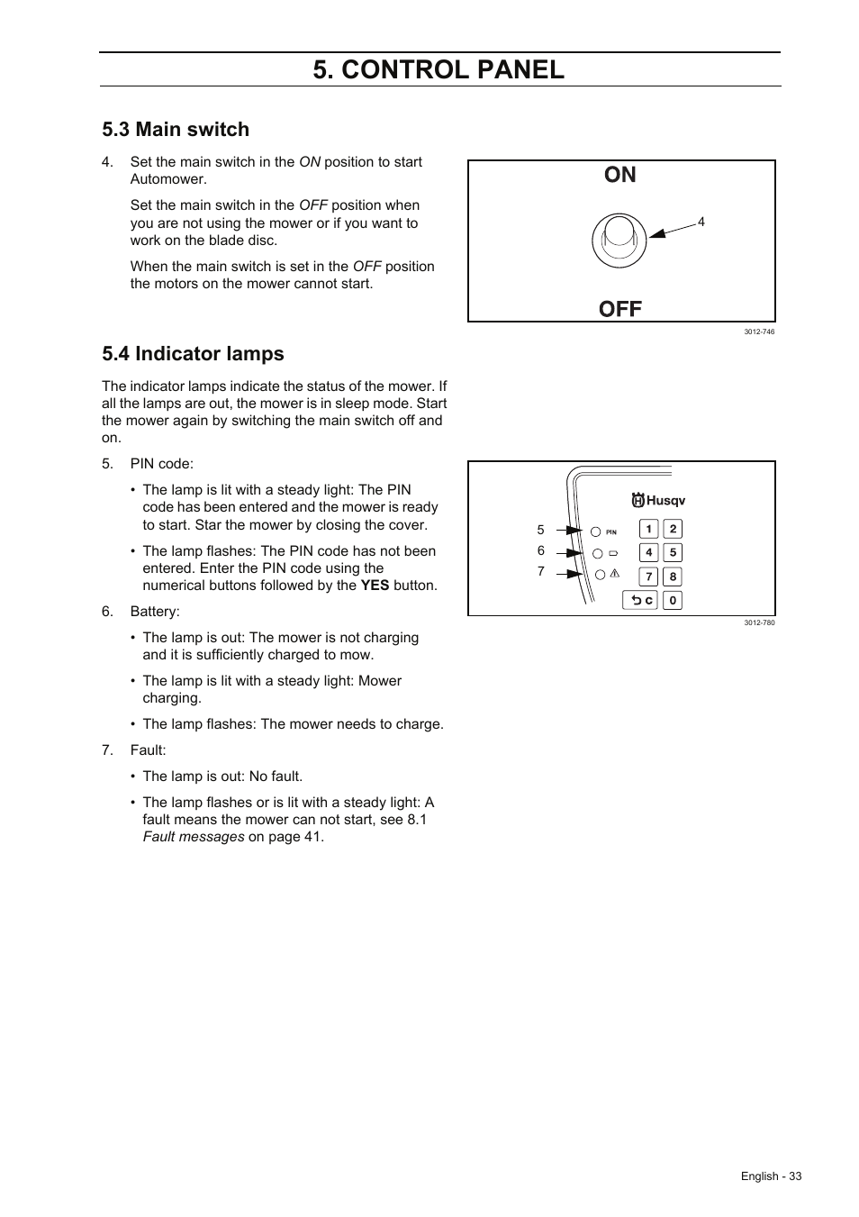 Control panel, 3 main switch, 4 indicator lamps | Husqvarna 210 C User Manual | Page 32 / 48