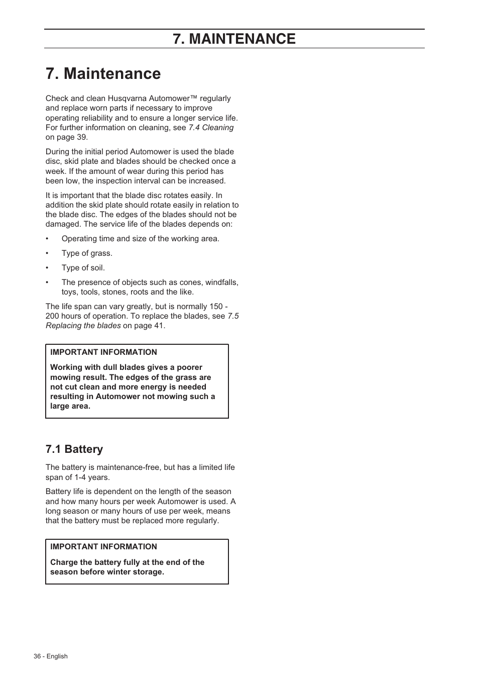 Maintenance, 1 battery | Husqvarna 210 C User Manual | Page 35 / 48