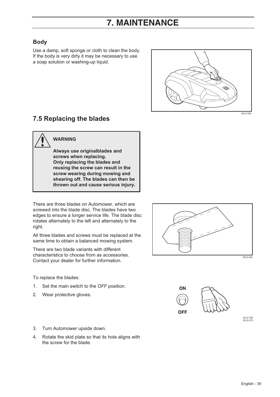 Maintenance, 5 replacing the blades | Husqvarna 210 C User Manual | Page 38 / 48