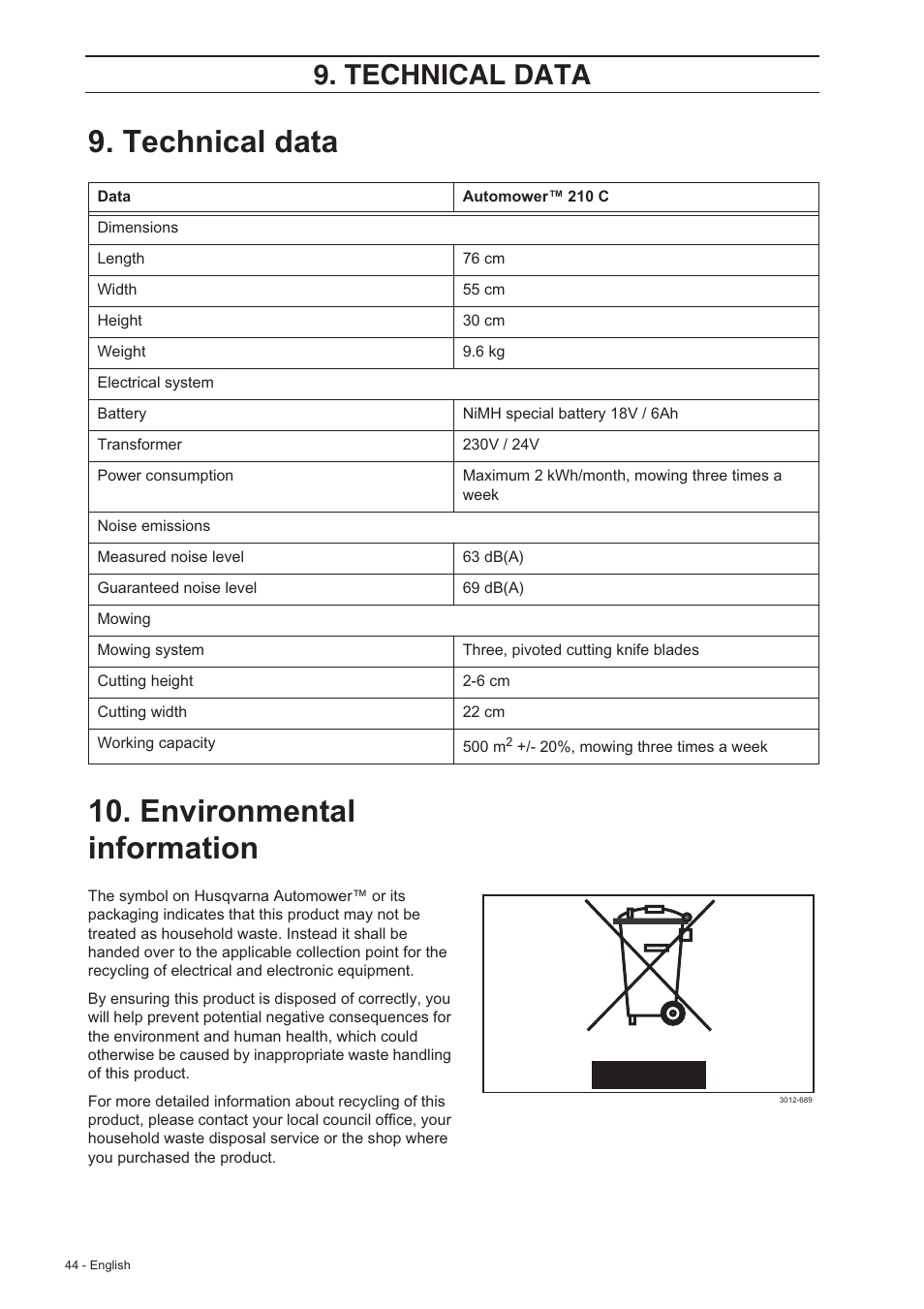 Technical data 10. environmental information, Technical data | Husqvarna 210 C User Manual | Page 43 / 48