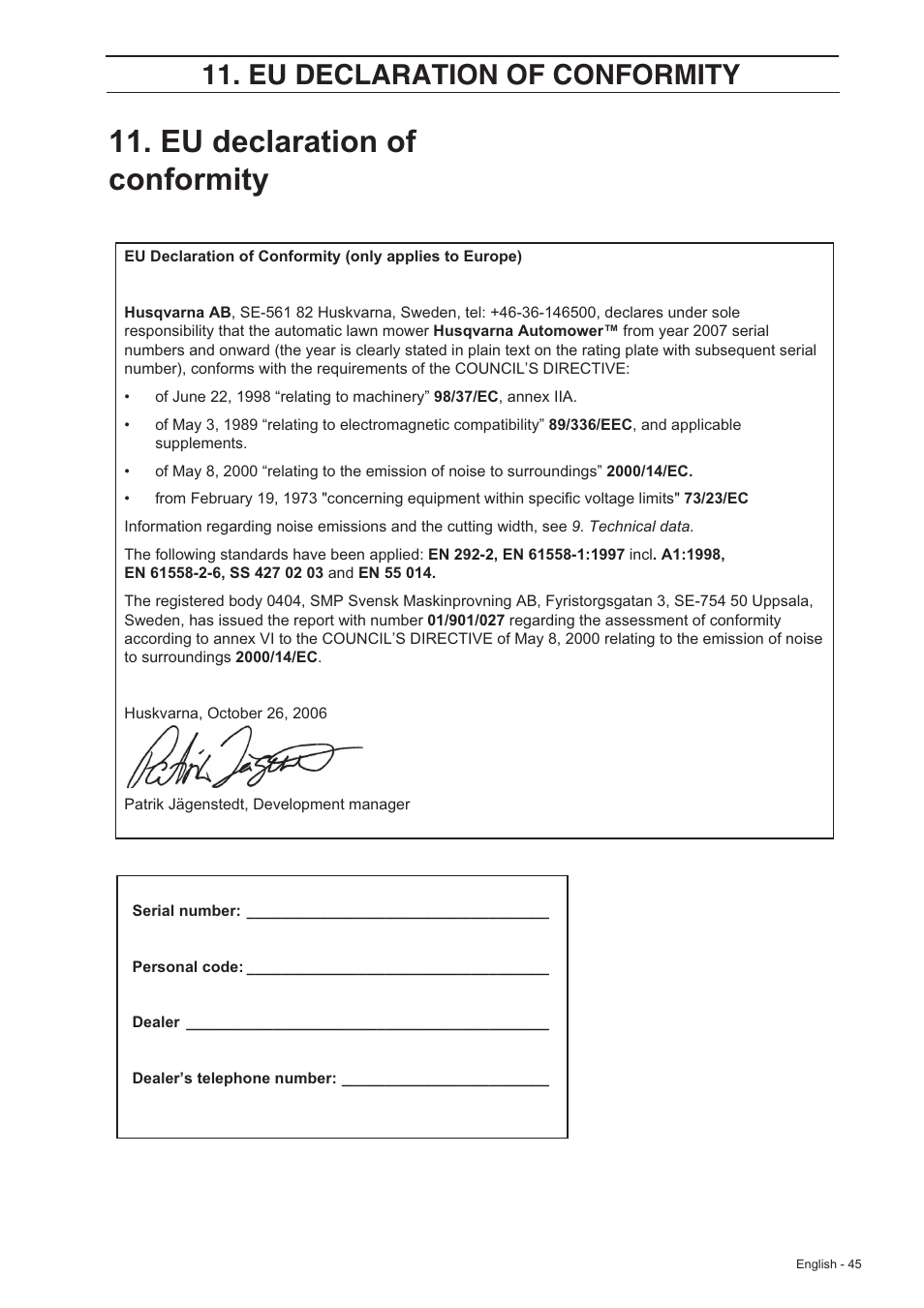 Eu declaration of conformity | Husqvarna 210 C User Manual | Page 44 / 48