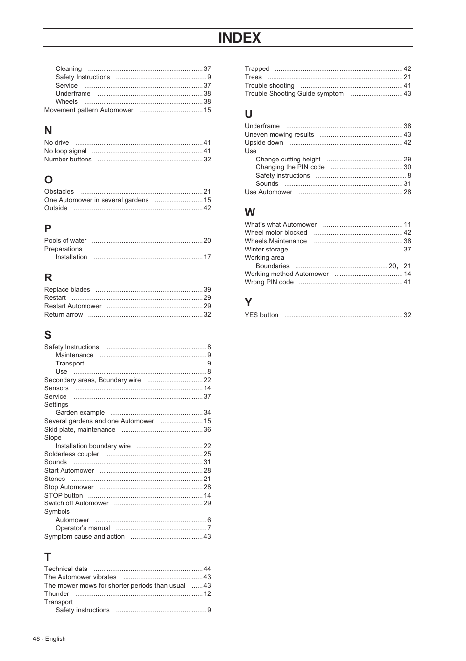 Index | Husqvarna 210 C User Manual | Page 47 / 48