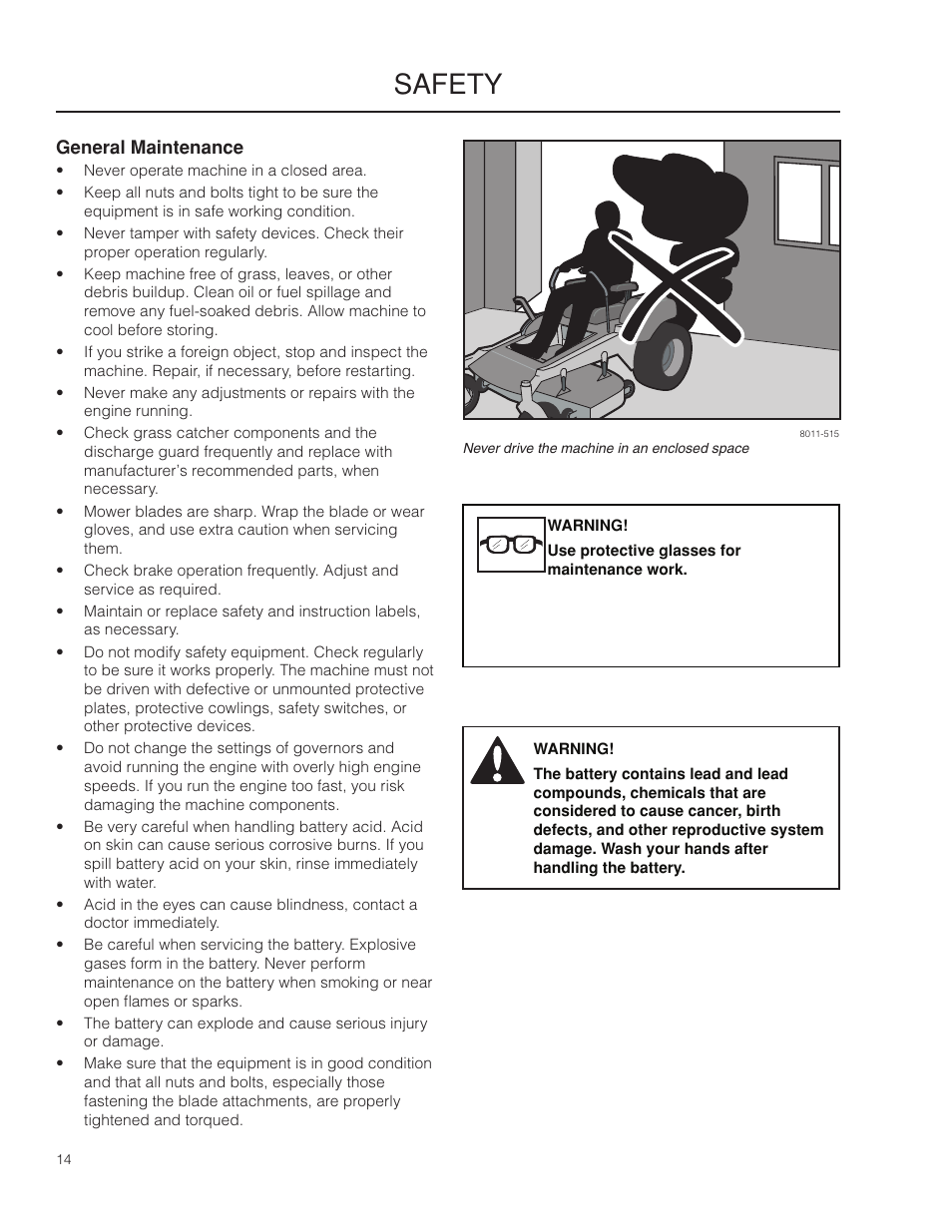 General maintenance, Safety | Husqvarna 966553901 User Manual | Page 14 / 72