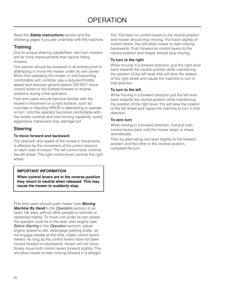 Operation, Training, Steering | Husqvarna 966553901 User Manual | Page 26 / 72