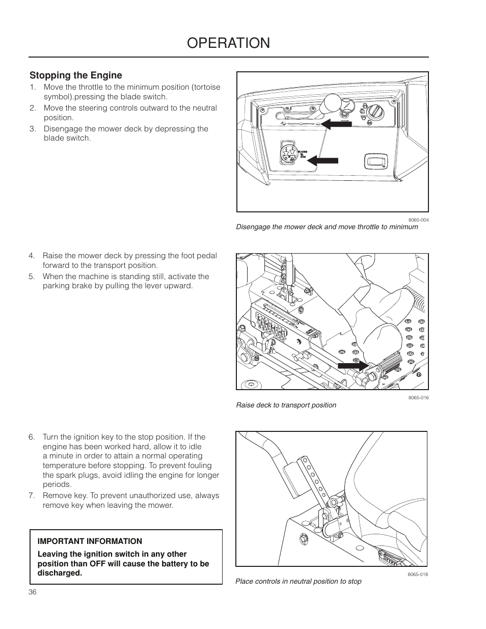 Stopping the engine, Operation | Husqvarna 966553901 User Manual | Page 36 / 72