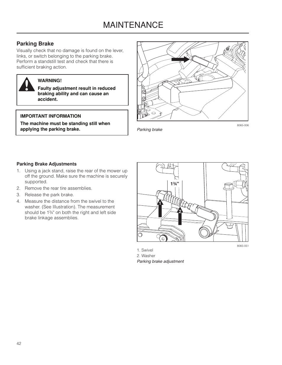 Parking brake, Parking brake adjustments, Maintenance | Husqvarna 966553901 User Manual | Page 42 / 72