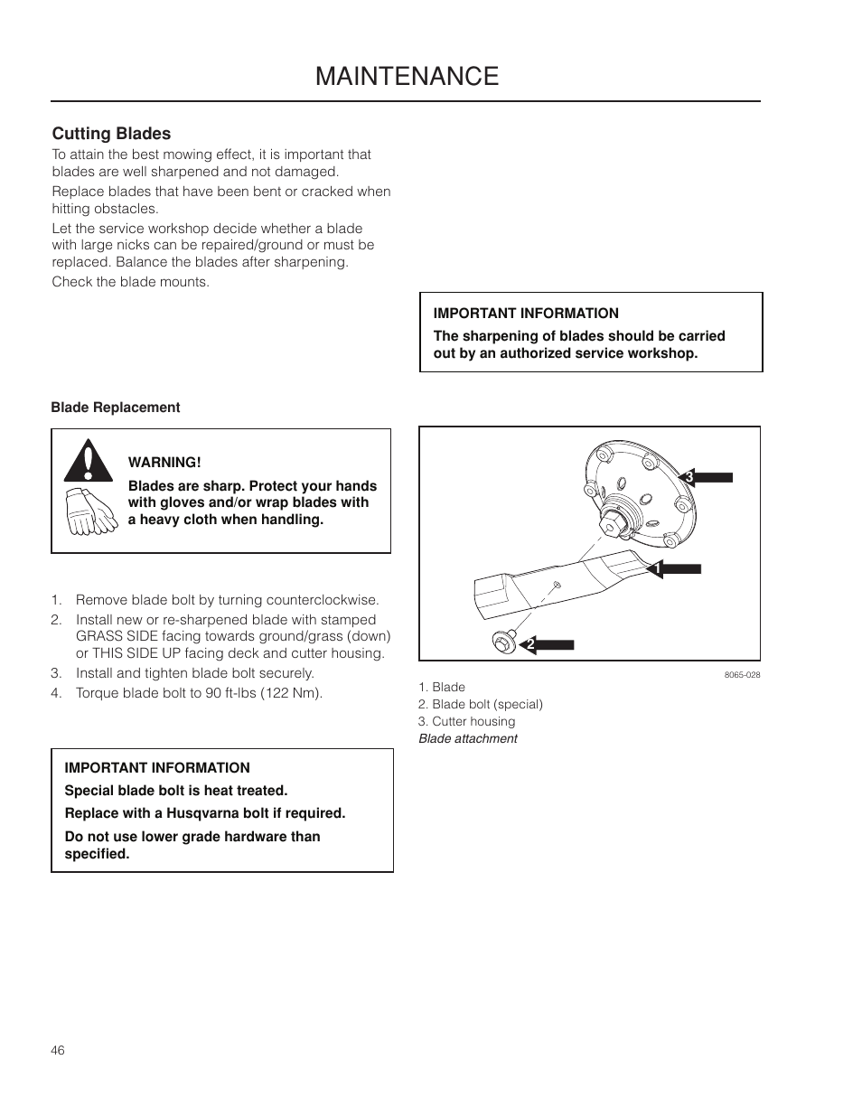 Cutting blades, Maintenance | Husqvarna 966553901 User Manual | Page 46 / 72