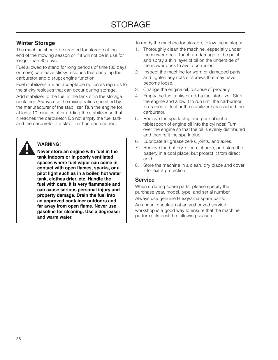 Storage, Winter storage, Service | Husqvarna 966553901 User Manual | Page 56 / 72