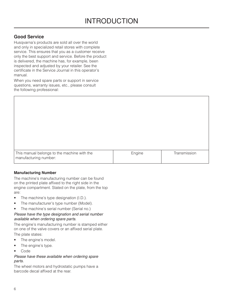 Good service, Manufacturing number, Introduction | Husqvarna 966553901 User Manual | Page 6 / 72