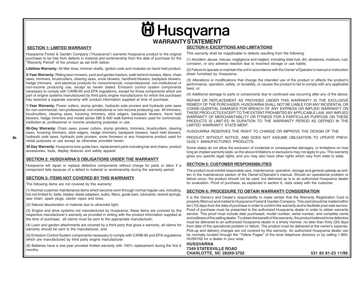 Warranty statement | Husqvarna 6022SH User Manual | Page 4 / 18