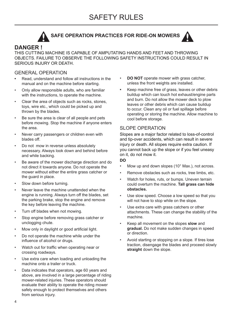 Safety rules, General operation, Slope operation | Danger | Husqvarna 966004701 User Manual | Page 3 / 21