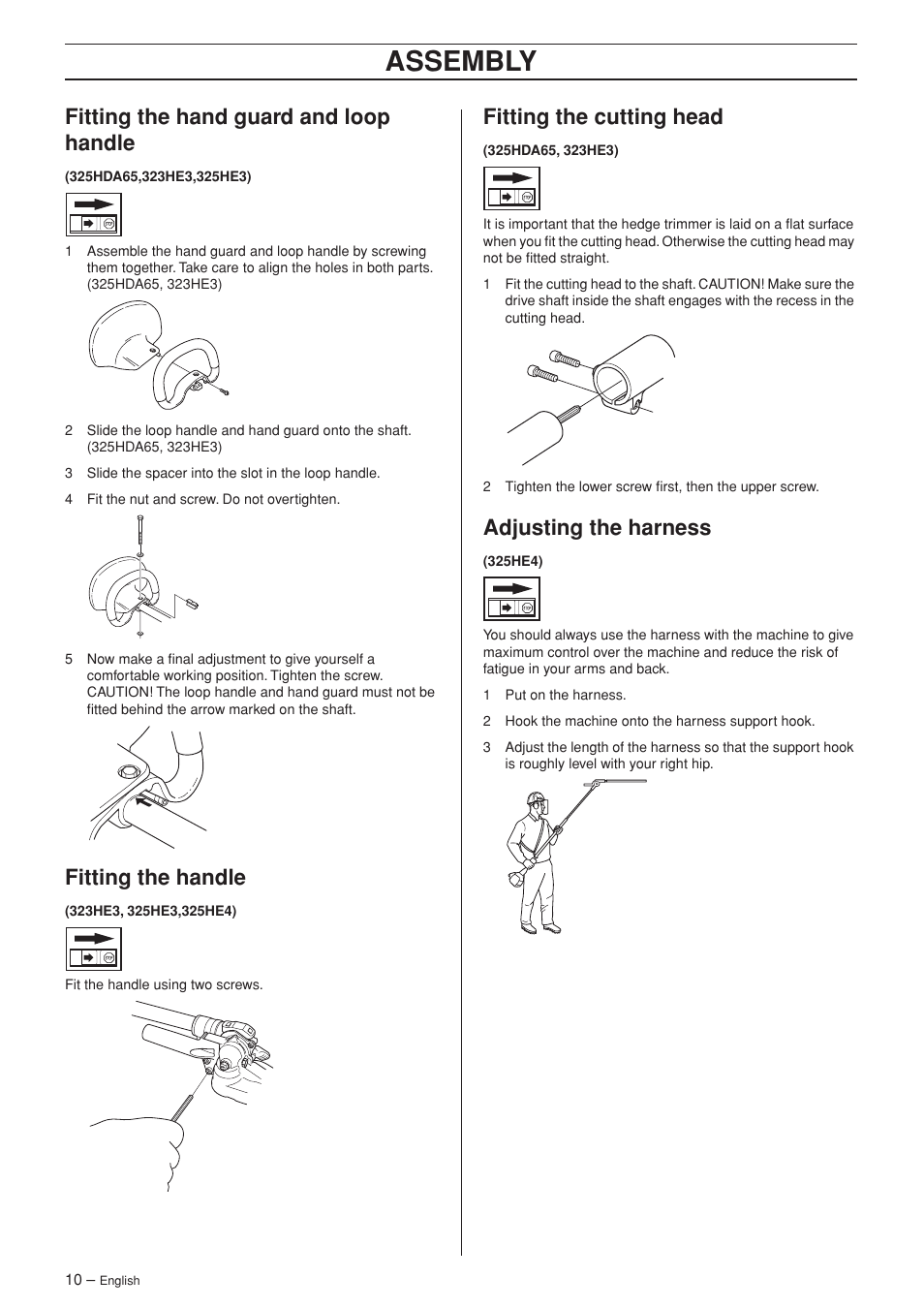 Fitting the hand guard and loop handle, Fitting the handle, Fitting the cutting head | Adjusting the harness, Assembly | Husqvarna 325HDA65X-Series User Manual | Page 10 / 24