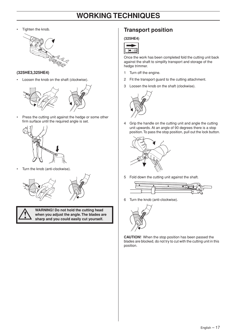 Transport position, Working techniques | Husqvarna 325HDA65X-Series User Manual | Page 17 / 24