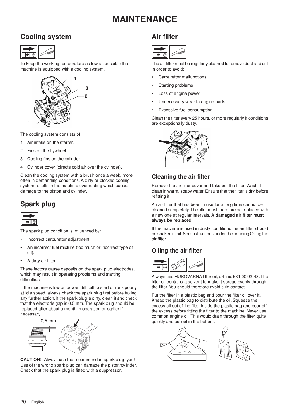 Cooling system, Spark plug, Air filter | Cleaning the air filter, Oiling the air filter, Maintenance | Husqvarna 325HDA65X-Series User Manual | Page 20 / 24
