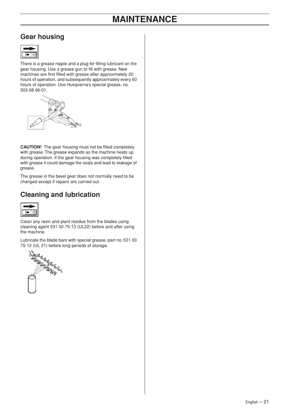 Gear housing, Cleaning and lubrication, Maintenance | Husqvarna 325HDA65X-Series User Manual | Page 21 / 24