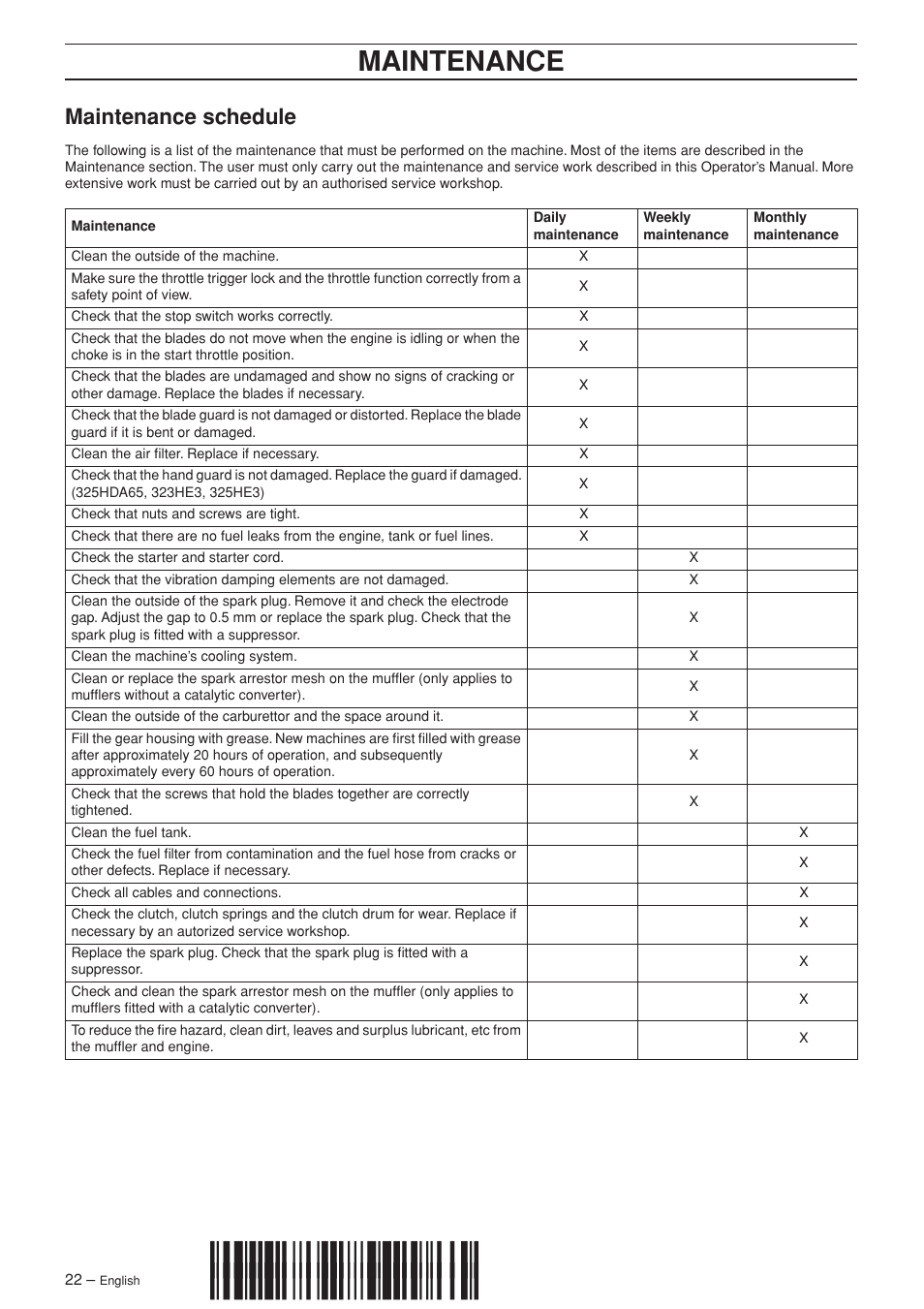 Maintenance schedule, Z+r;r¶6, Maintenance | Husqvarna 325HDA65X-Series User Manual | Page 22 / 24