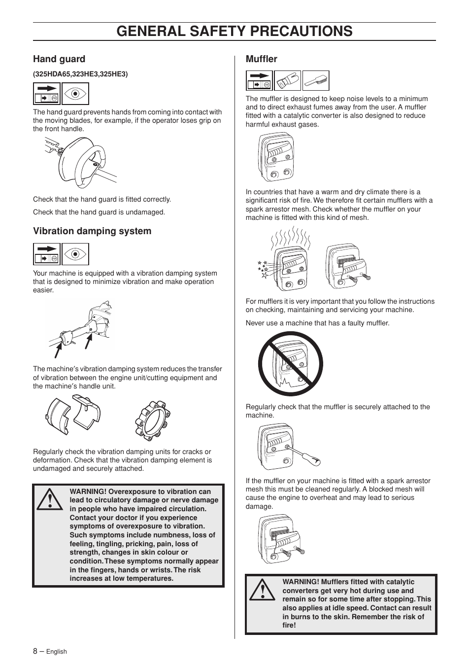 Hand guard, Vibration damping system, Muffler | General safety precautions | Husqvarna 325HDA65X-Series User Manual | Page 8 / 24