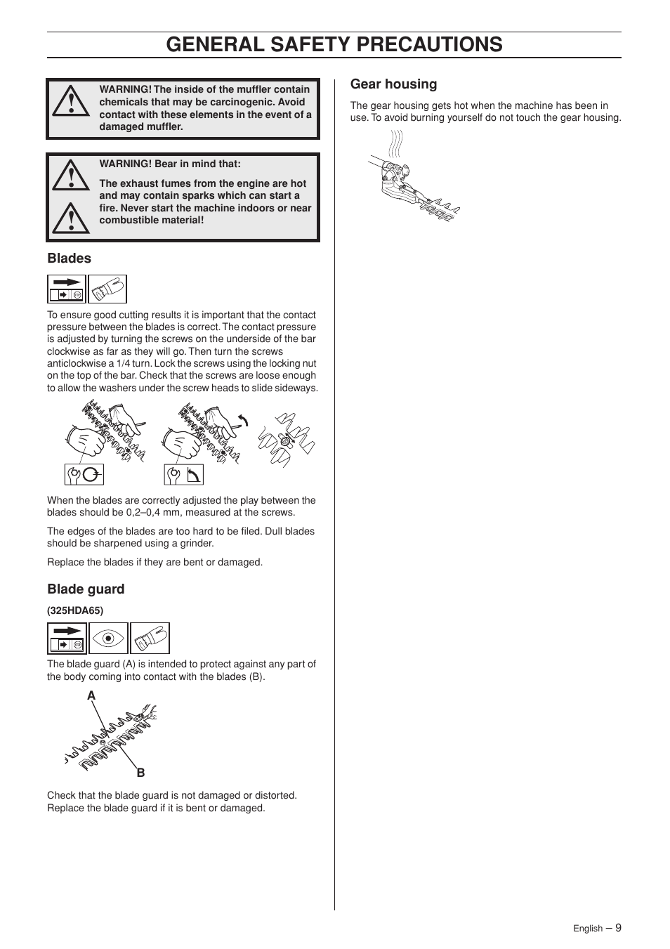 Blades, Blade guard, Gear housing | General safety precautions | Husqvarna 325HDA65X-Series User Manual | Page 9 / 24
