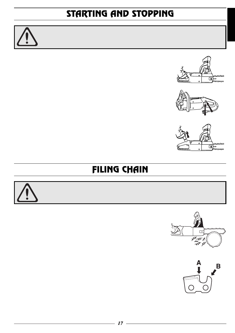 Starting and stopping, Filing chain | Husqvarna 318 User Manual | Page 18 / 24