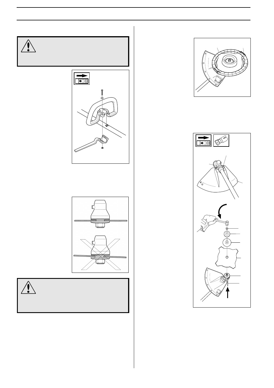 Assembly, Assembling the j-handle, Assembly of the blade and trimmer head | Assembling the blade guard and grass blade, Assembling the transport guard | Husqvarna 142RB User Manual | Page 14 / 29