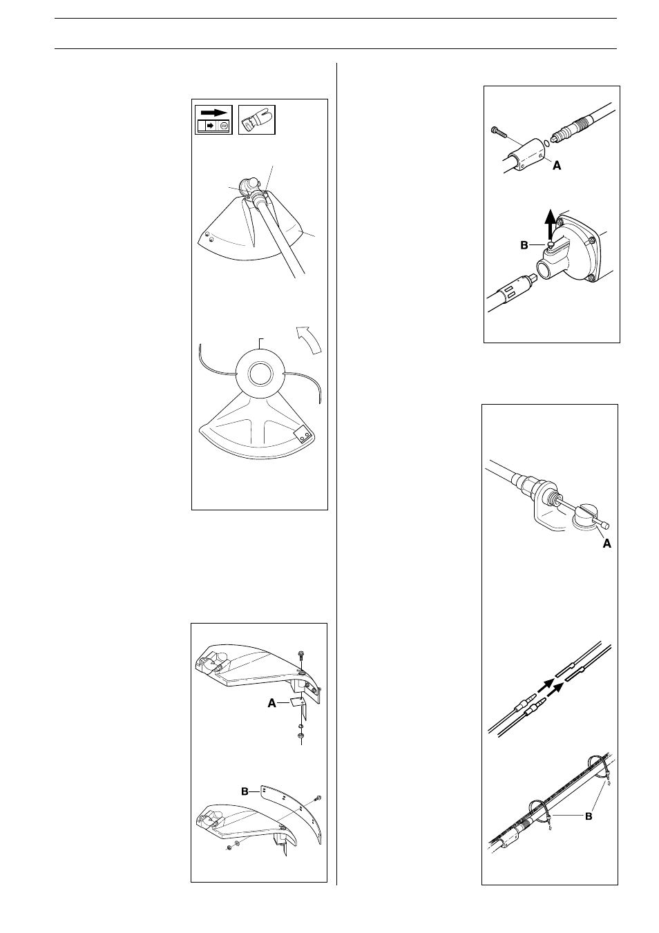 Assembly, Assembling other guards and cutting equipment, Assembling the spray guard | Assembling the flexible shaft, Connecting throttle cable and stop switch wires | Husqvarna 142RB User Manual | Page 15 / 29