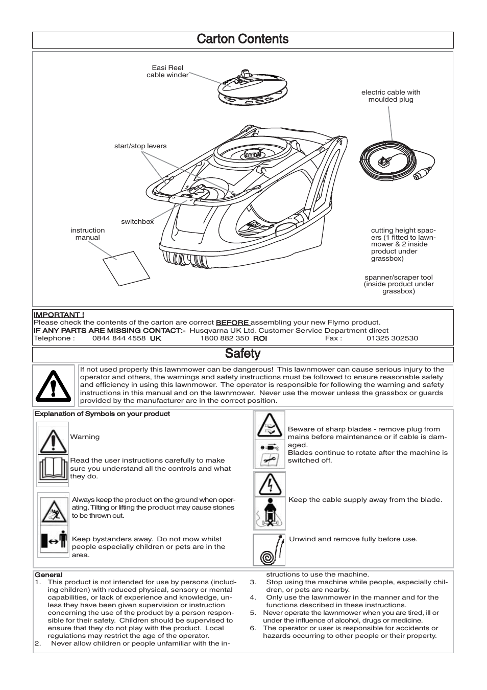 Carton contents, Safety | Husqvarna 360 User Manual | Page 2 / 9