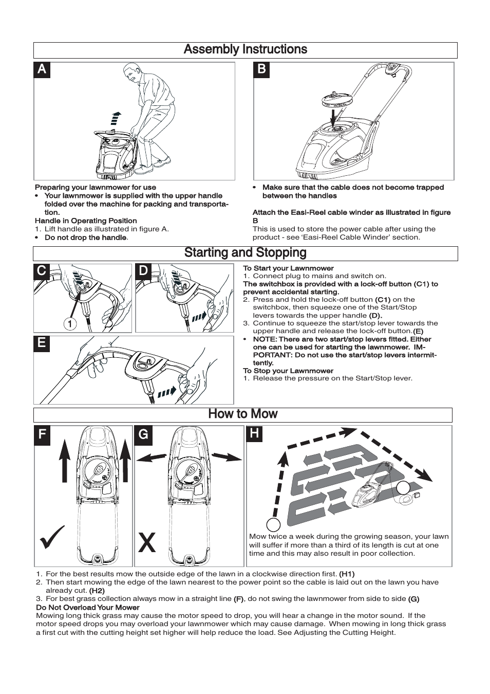 Assembly instructions starting and stopping a, How to mow | Husqvarna 360 User Manual | Page 4 / 9