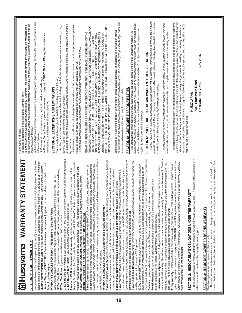 Warranty, Warranty st a t ement | Husqvarna 7021RC User Manual | Page 18 / 18