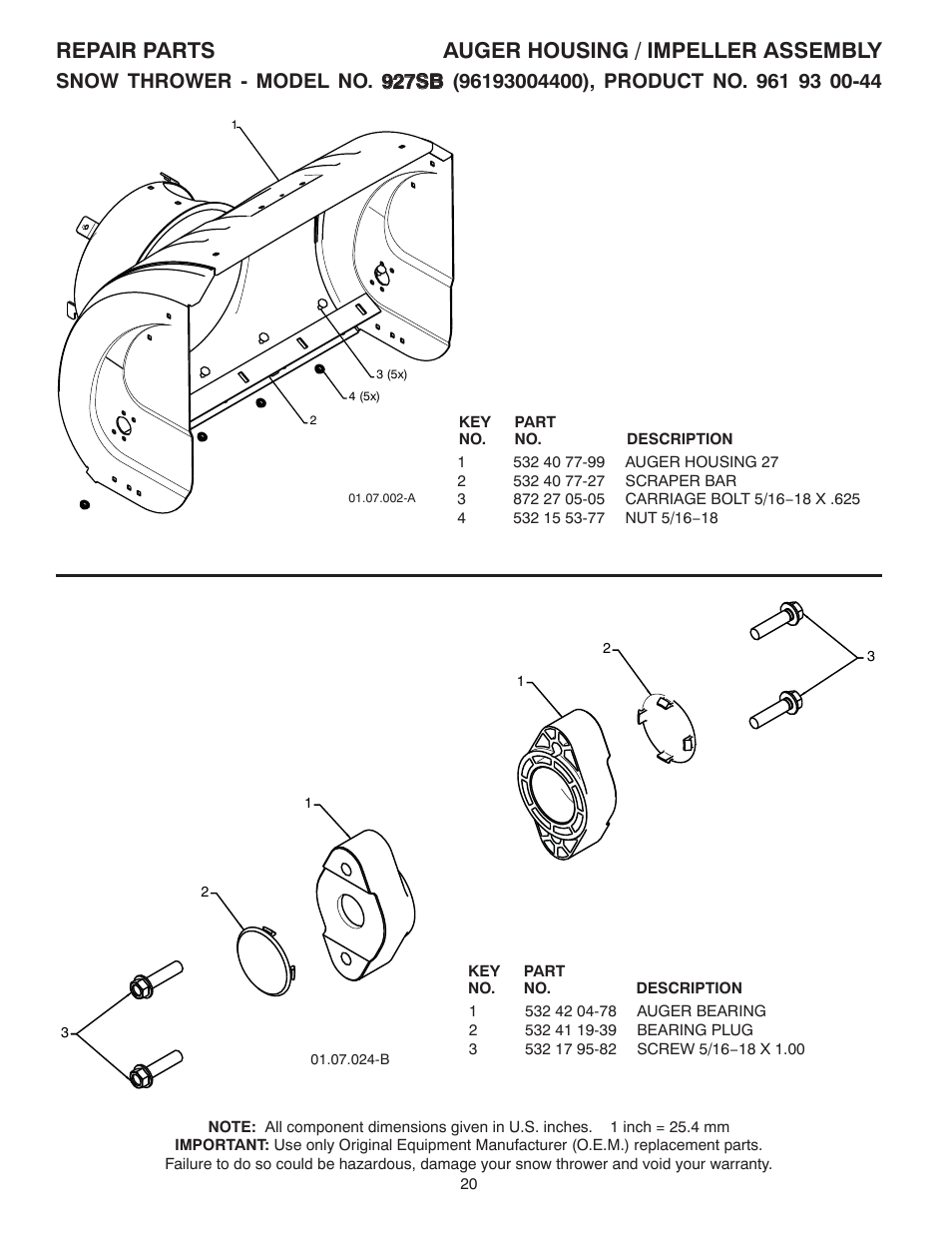 Repair parts auger housing / impeller assembly | Husqvarna 927SB User Manual | Page 20 / 40