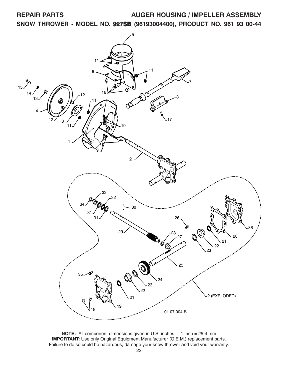 Repair parts auger housing / impeller assembly | Husqvarna 927SB User Manual | Page 22 / 40