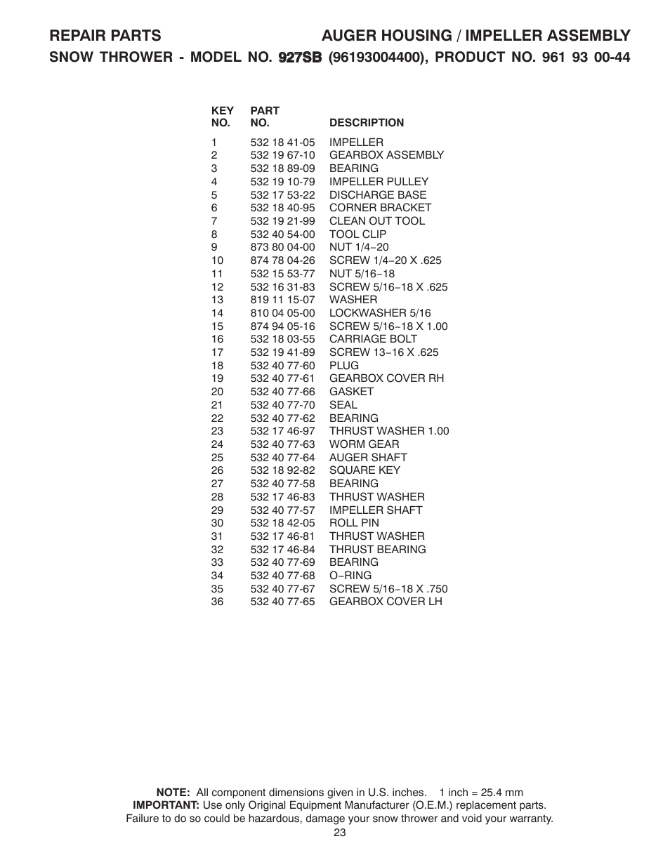 Repair parts auger housing / impeller assembly | Husqvarna 927SB User Manual | Page 23 / 40