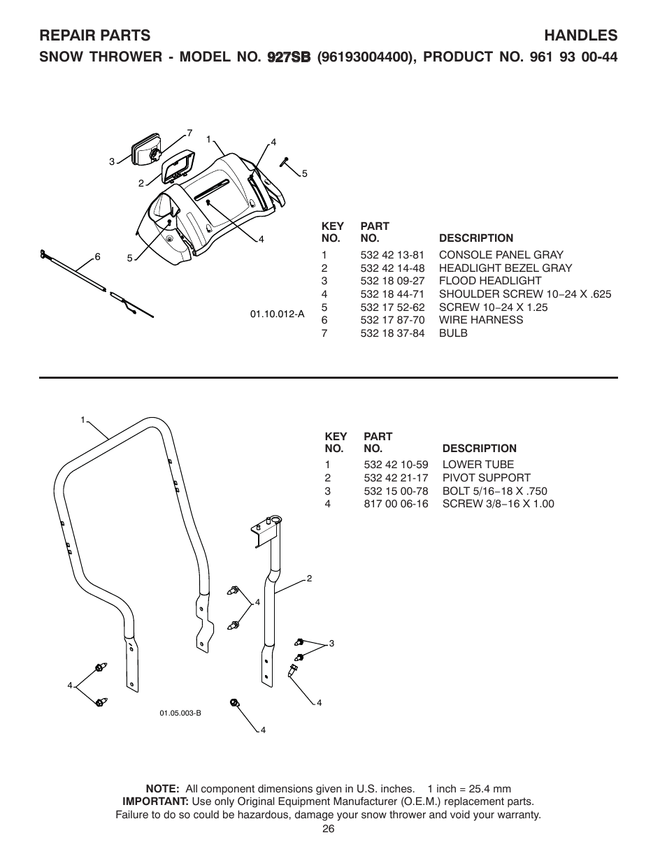 Repair parts handles | Husqvarna 927SB User Manual | Page 26 / 40