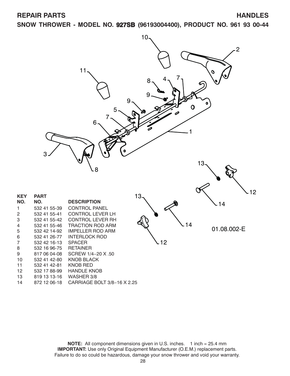 Repair parts handles | Husqvarna 927SB User Manual | Page 28 / 40