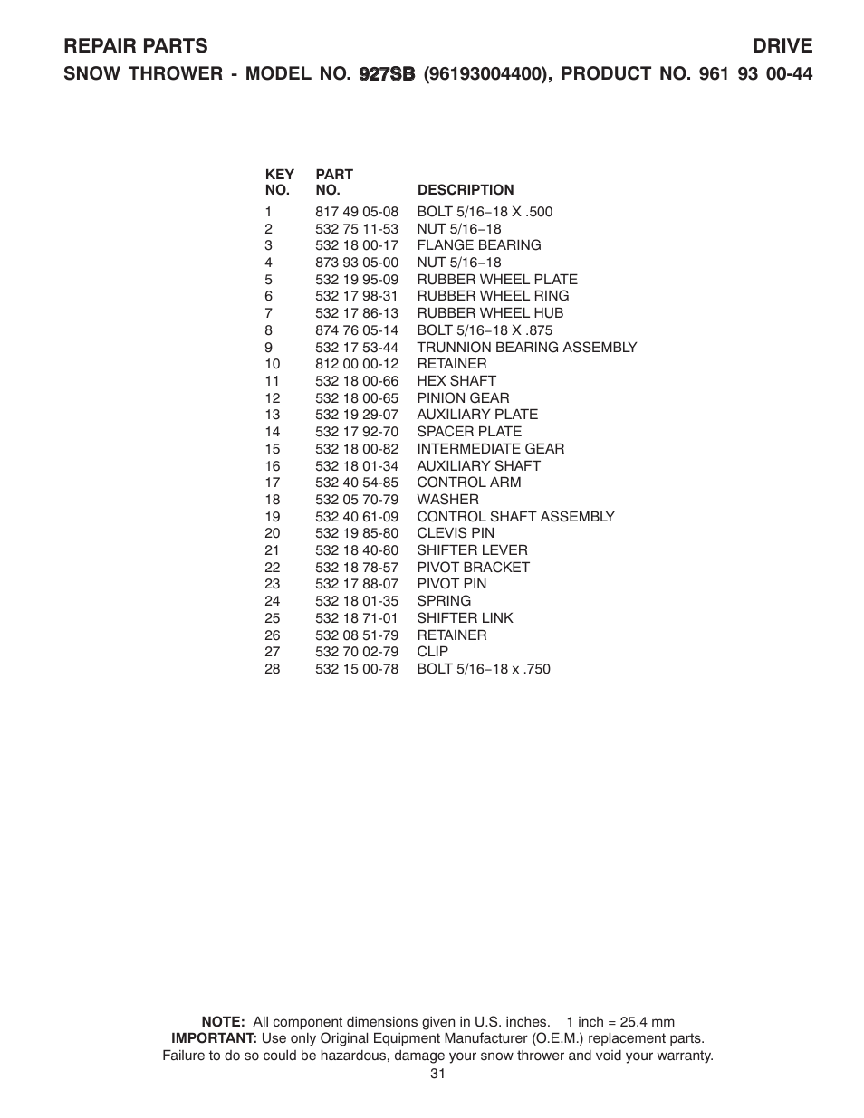 Repair parts drive | Husqvarna 927SB User Manual | Page 31 / 40