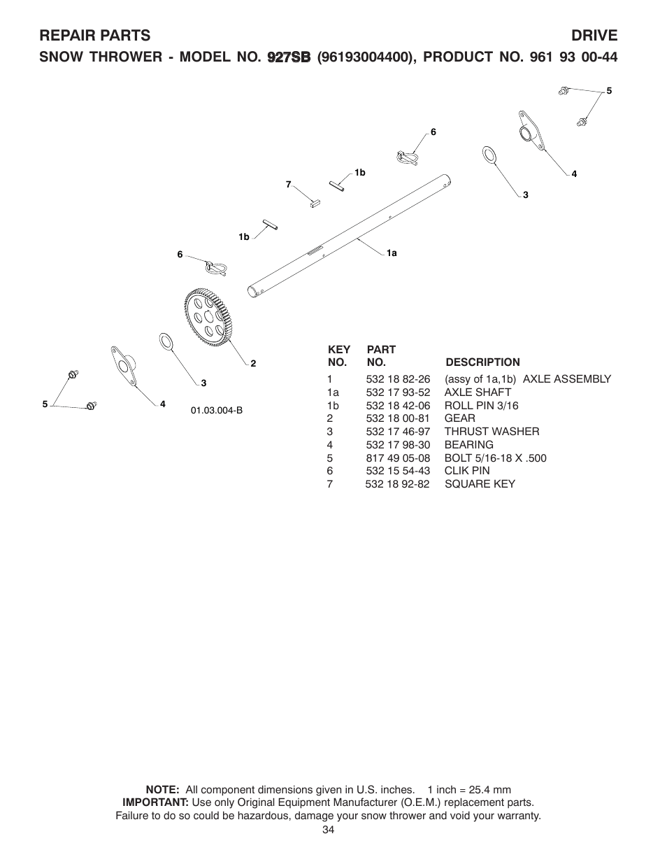 Repair parts drive | Husqvarna 927SB User Manual | Page 34 / 40