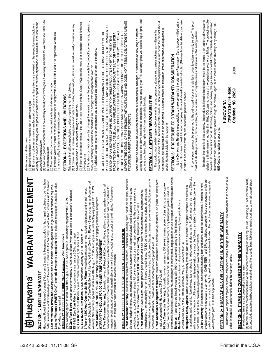 Warranty st a tement | Husqvarna 927SB User Manual | Page 40 / 40