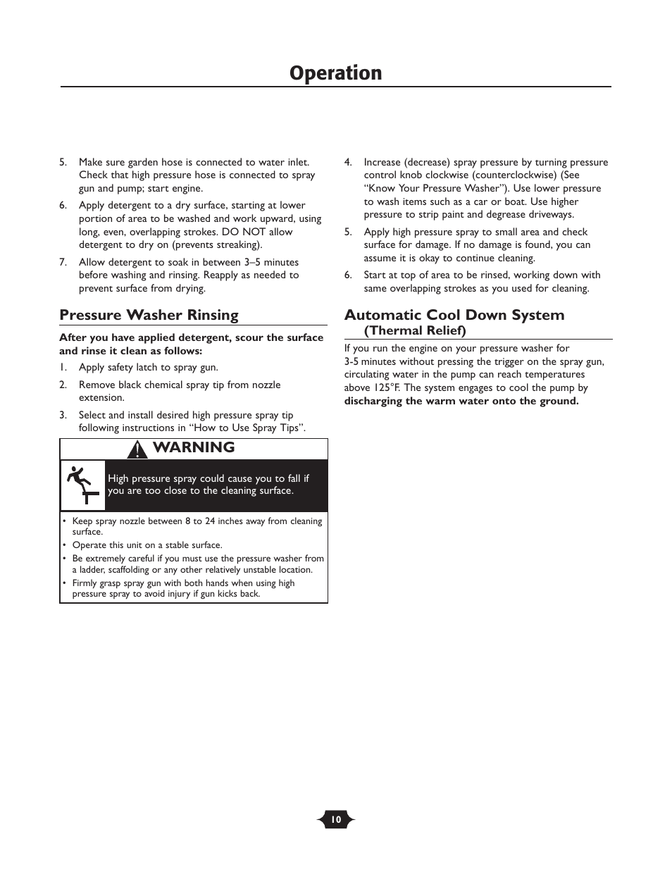 Operation, Pressure washer rinsing, Automatic cool down system | Warning | Husqvarna 1337PW User Manual | Page 10 / 20